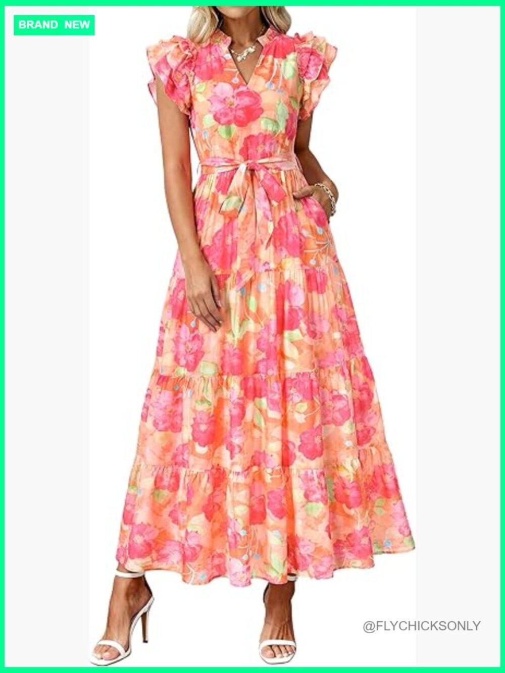 Viscose Polyamide Maxi Dress with Ruffle Sleeves and Pockets